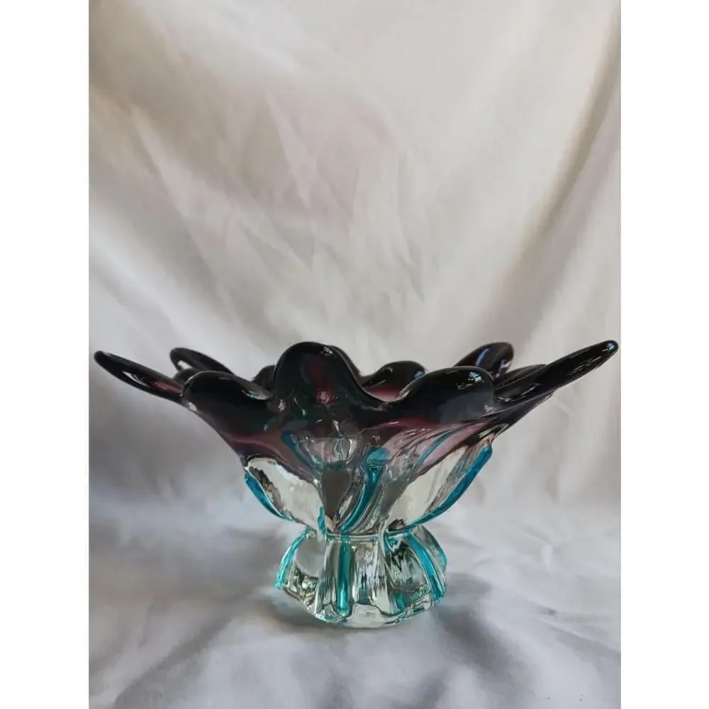 Murano Style Art Glass Footed Bowl Amethyst Turquoise